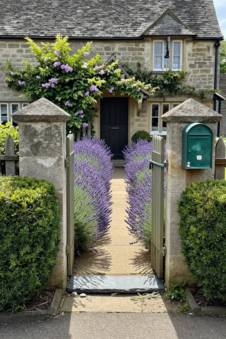 Stone cottage path lined with lavender, open gate, green mailbox, purple blooms.