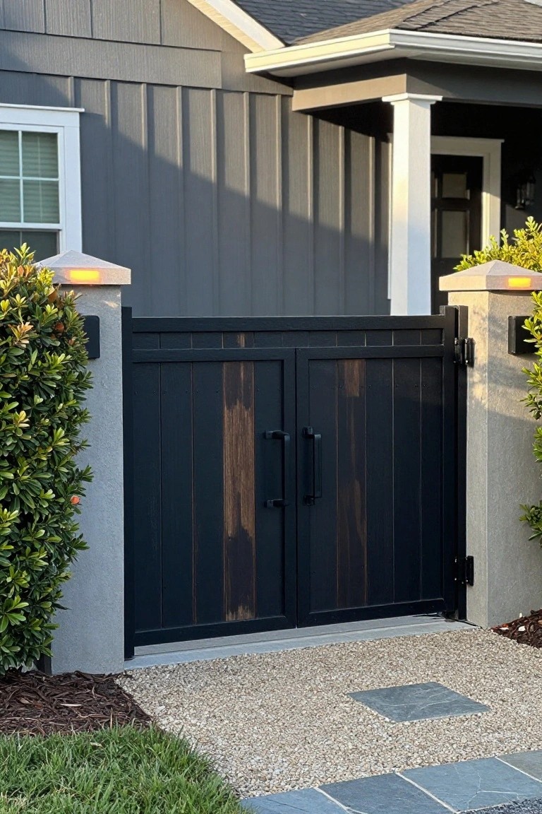 Black double wooden gate between lit concrete pillars at gray house entrance.
