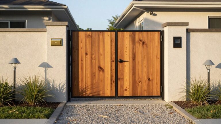 A vertical wood plank gate with black hardware stands open between two concrete pillars in front of a modern house.