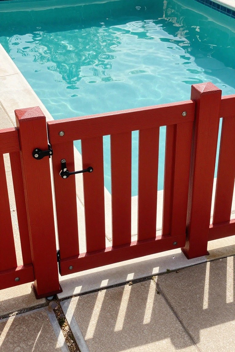 Red wooden pool gate with black latch beside turquoise water on stone patio