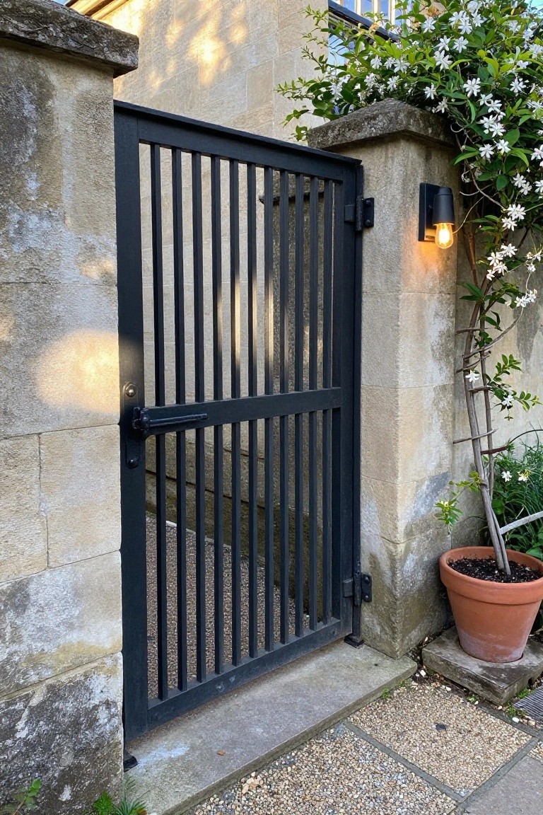 Black metal gate slightly open in stone wall beside lit sconce and potted flowers