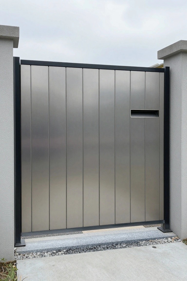 A modern metal gate featuring vertical panels and a horizontal mail slot, positioned between two concrete pillars on a gravel base.