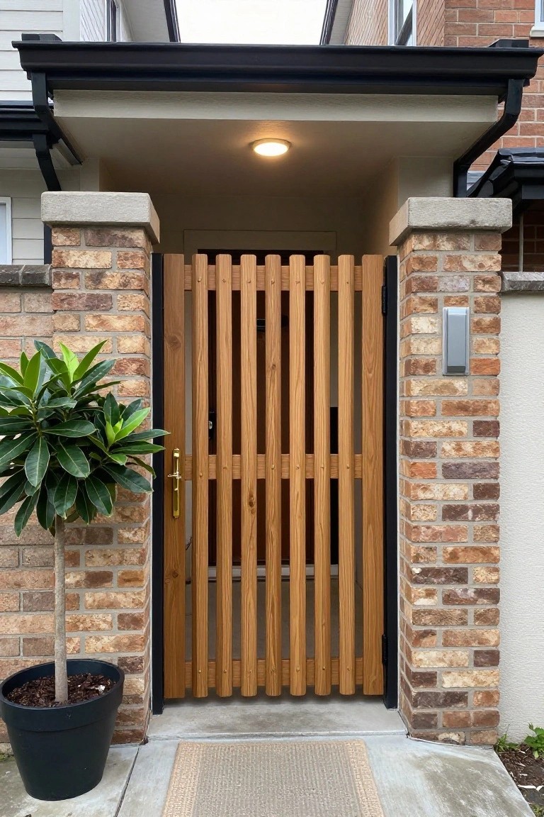 Wooden vertical-slat gate between brick pillars with potted plant and doormat