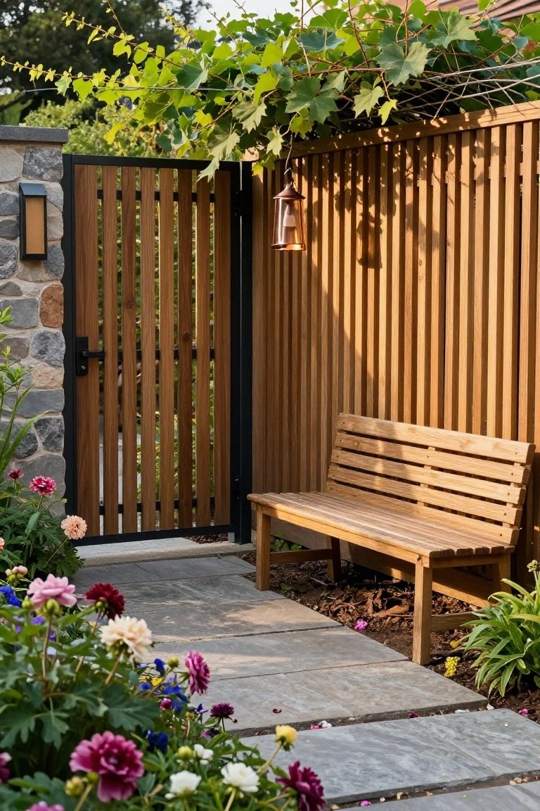 A wooden gate with vertical slats in a black frame stands open next to a matching fence, with a stone path, bench, and flowers visible.