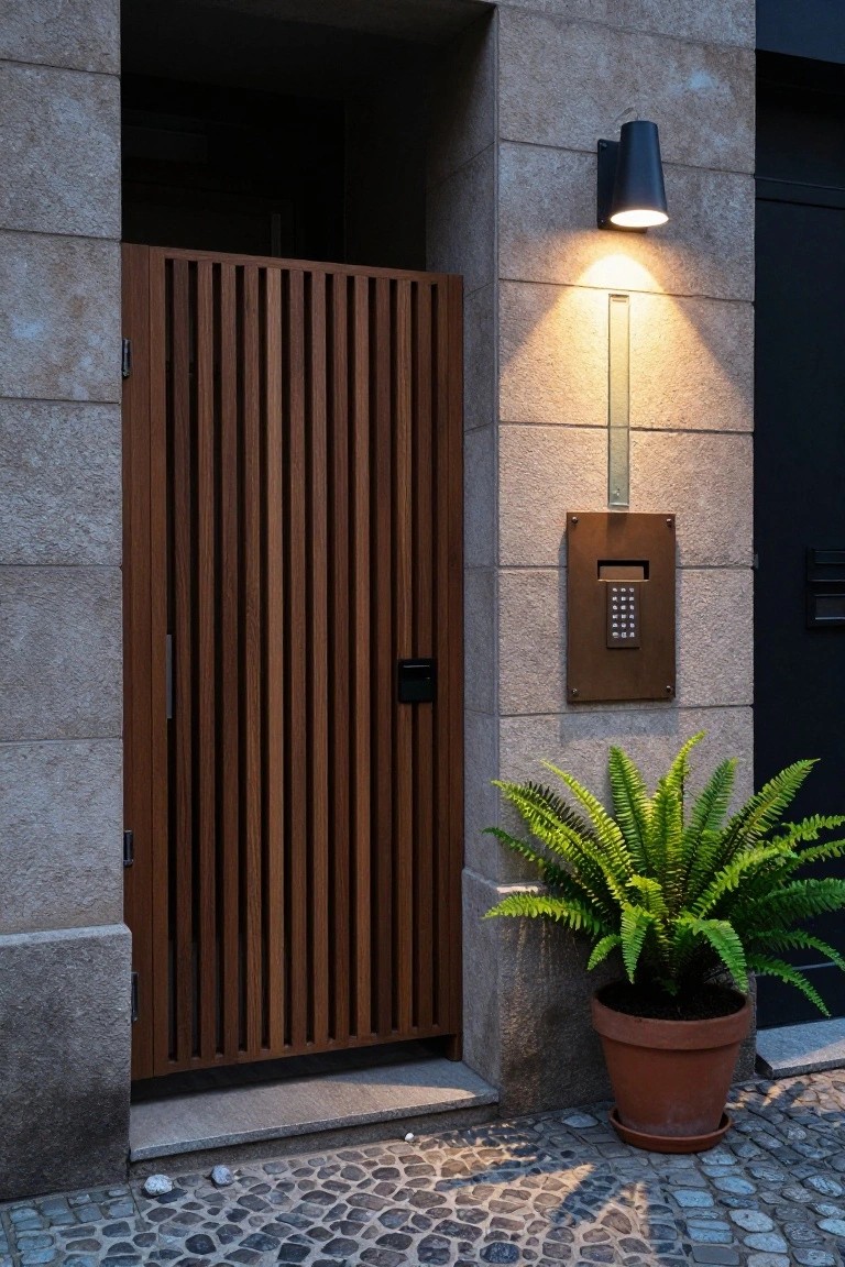 Wooden slatted door on stone wall with lit sconce, keypad panel, and potted fern