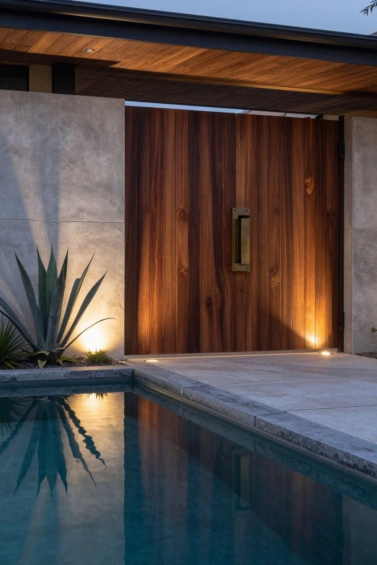 Modern wooden gate by a pool with agave plant and concrete walls at dusk