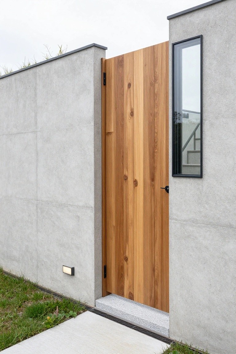 Wooden door slightly ajar in gray concrete wall beside tall window.