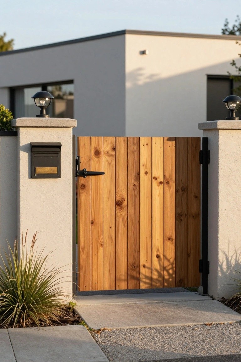 A vertical wood plank gate with black hardware stands open between two concrete pillars in front of a modern house.