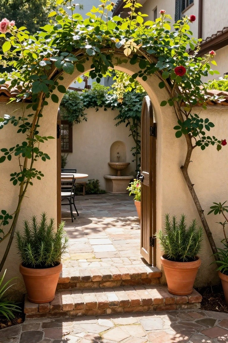 A wooden gate stands open beneath a stucco arch draped in green rose vines with pink and red blooms, leading into a stone-paved courtyard with a fountain and potted plants.