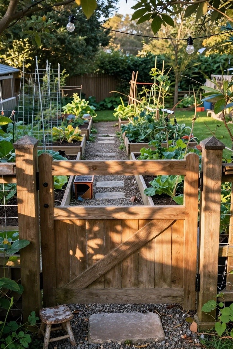 Open wooden gate to raised vegetable beds along gravel path with string lights