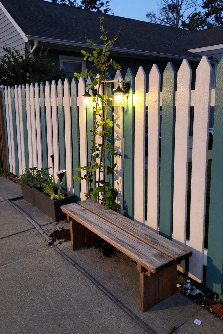 Weathered wooden bench before a lit vine on white and teal picket fence