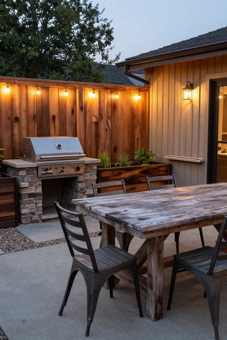 A backyard patio scene with a wooden fence strung with lights, a built-in planter box, a rustic dining table with metal chairs, and a stone grill area.