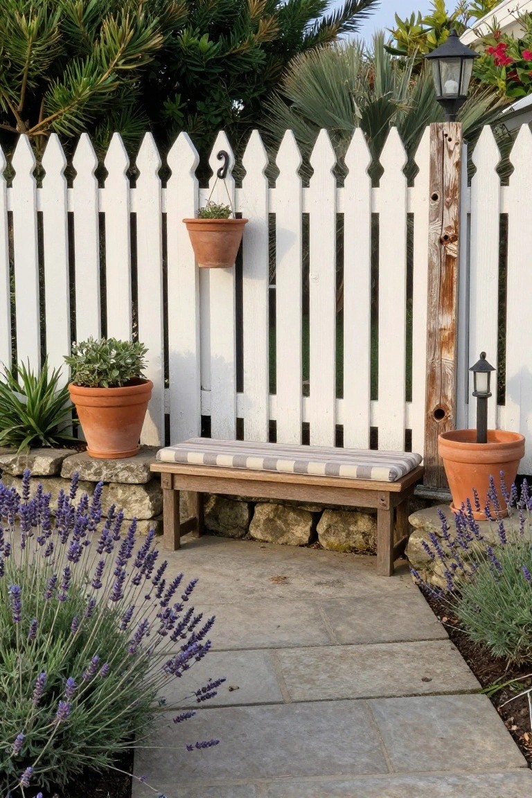 A white picket fence with terracotta planters attached and placed along the base, a cushioned bench in front, and lavender growing on either side of a stone path.