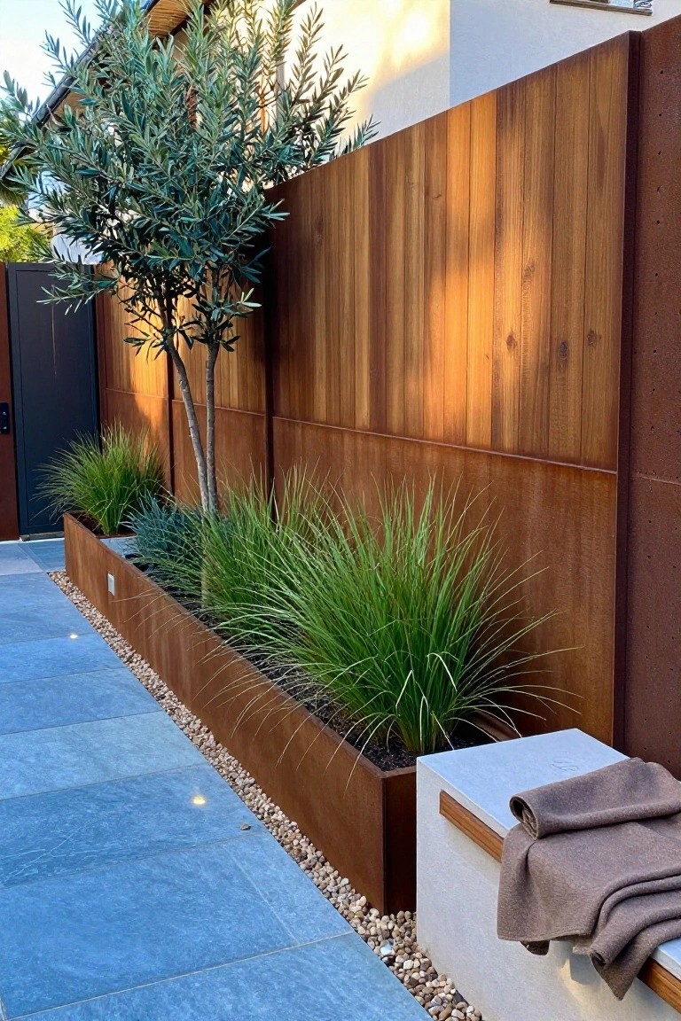 Modern garden with corten planter of tall grasses, olive tree, and wooden fence