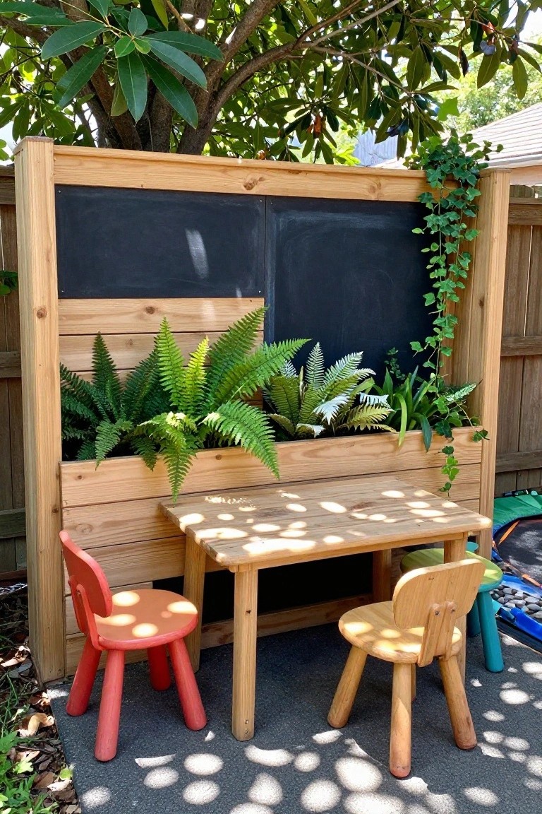 A wooden fence with two large chalkboard panels above a long planter box filled with ferns, positioned behind a small wooden table and two children's chairs on a paved surface.