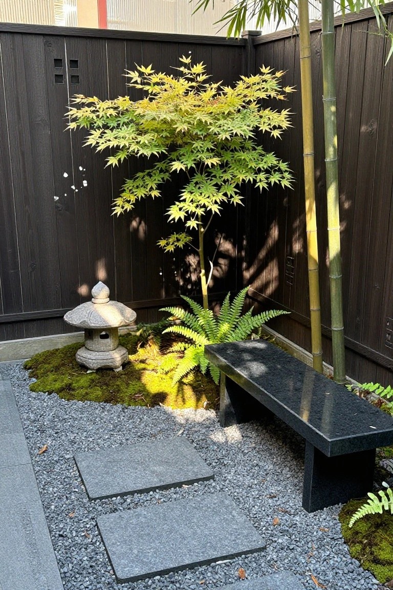 A compact garden area with dark wooden fence panels, gravel ground cover, stepping stones, a stone lantern, maple tree, ferns, moss, and a black bench.