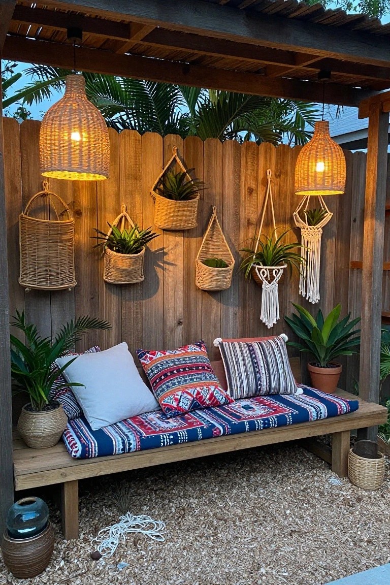 A wooden bench with cushions sits in front of a tall wood fence lined with hanging woven baskets holding plants and two large hanging lanterns.