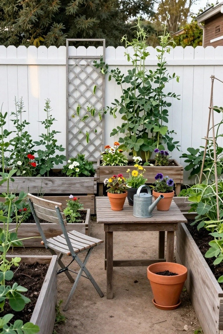 Wooden raised beds with colorful flowers, potted plants, table, chair near white fence
