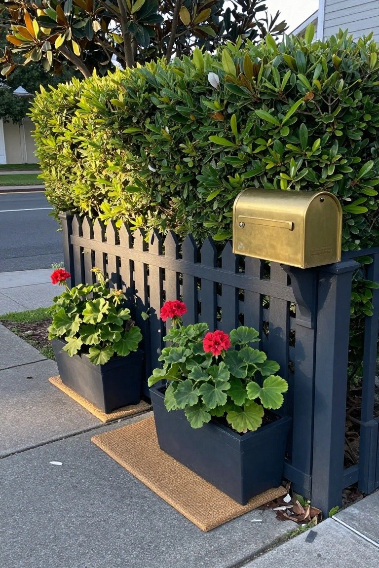 A dark wooden picket fence with black rectangular planters holding red flowers placed along a sidewalk in front of dense green shrubs and a brass mailbox.