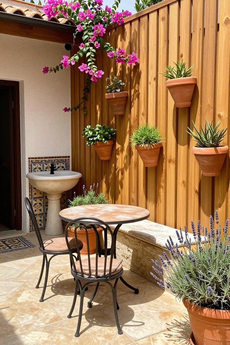 Sunny patio with round table, stone sink, and terracotta pots on wooden wall