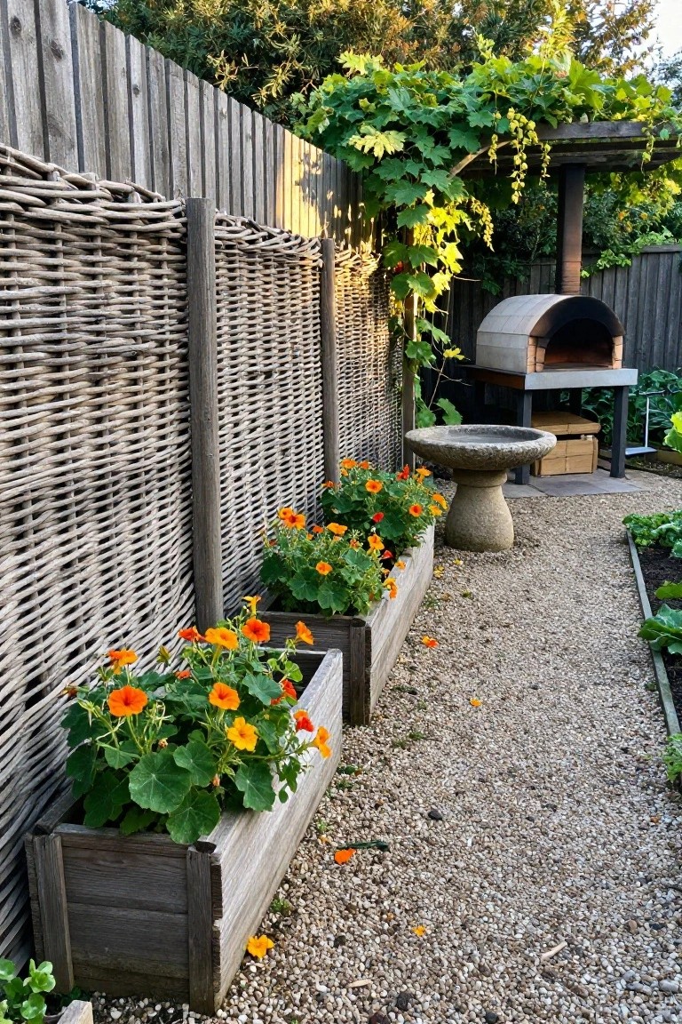 A gravel garden path runs beside wooden raised planters filled with orange flowers, next to woven wood fence panels.