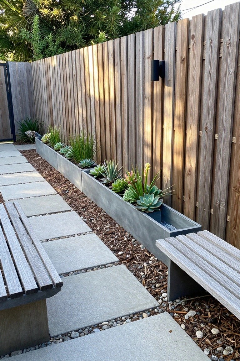 A long concrete planter filled with succulents runs along a vertical wood fence beside a stone pathway with benches.