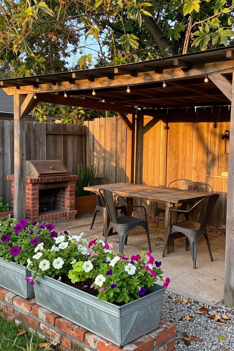 An outdoor patio under a wooden pergola shows a dining table with metal chairs, a brick barbecue grill, and long metal planters filled with purple and white flowers set against a tall wooden fence.