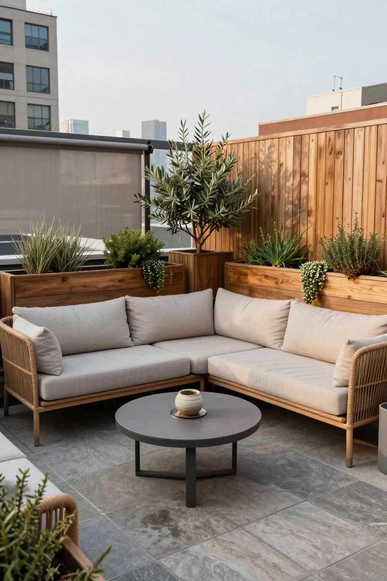 Rooftop terrace with beige sectional sofa, round table, and wooden planters with greenery