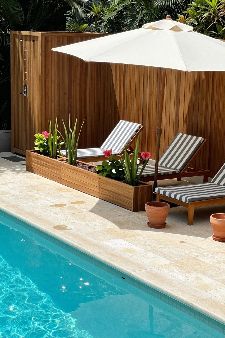 Poolside patio with two striped lounge chairs, white umbrella, and wooden planter box.