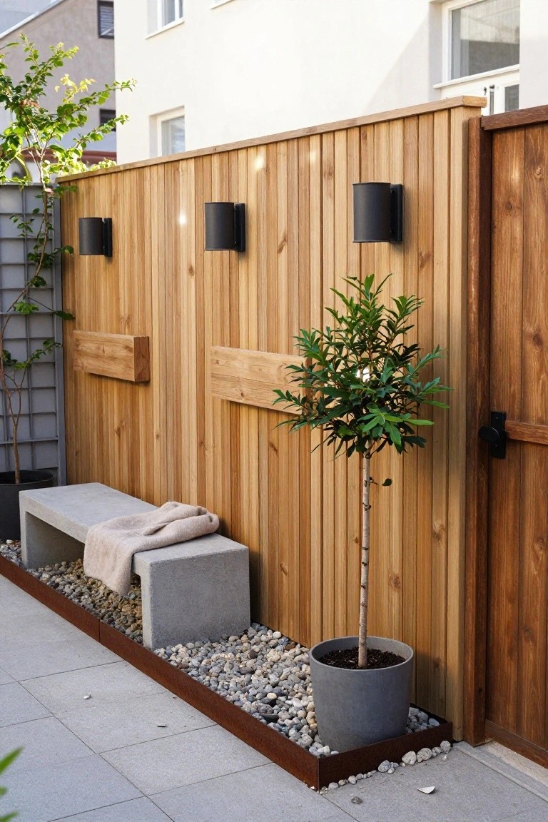Modern wooden fence with black sconces, concrete bench, potted tree, and gravel bed.