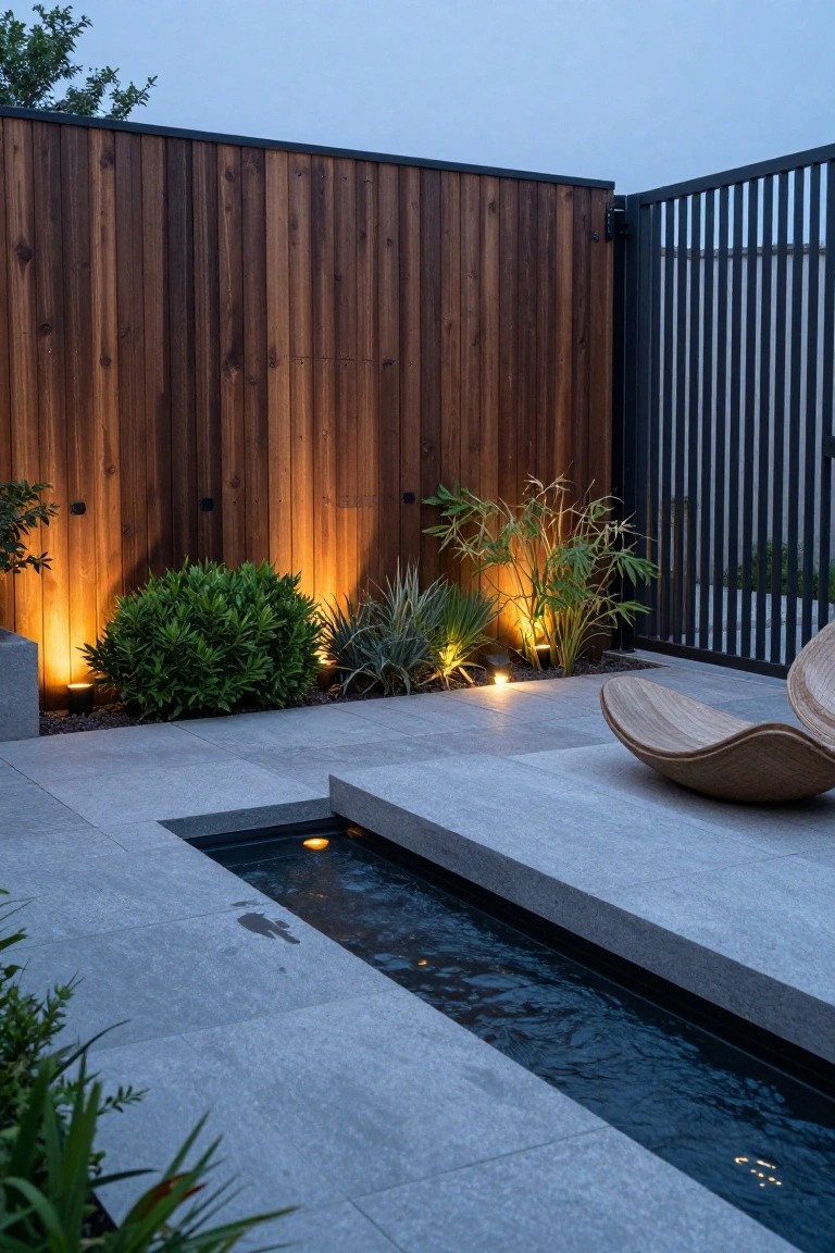 Modern patio with narrow pool, wooden lounge chair, lit plants, and wooden fence