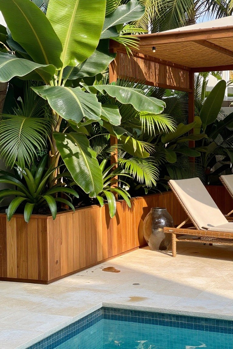 Sunny poolside with rattan lounge chairs, wooden planters, and lush tropical plants.