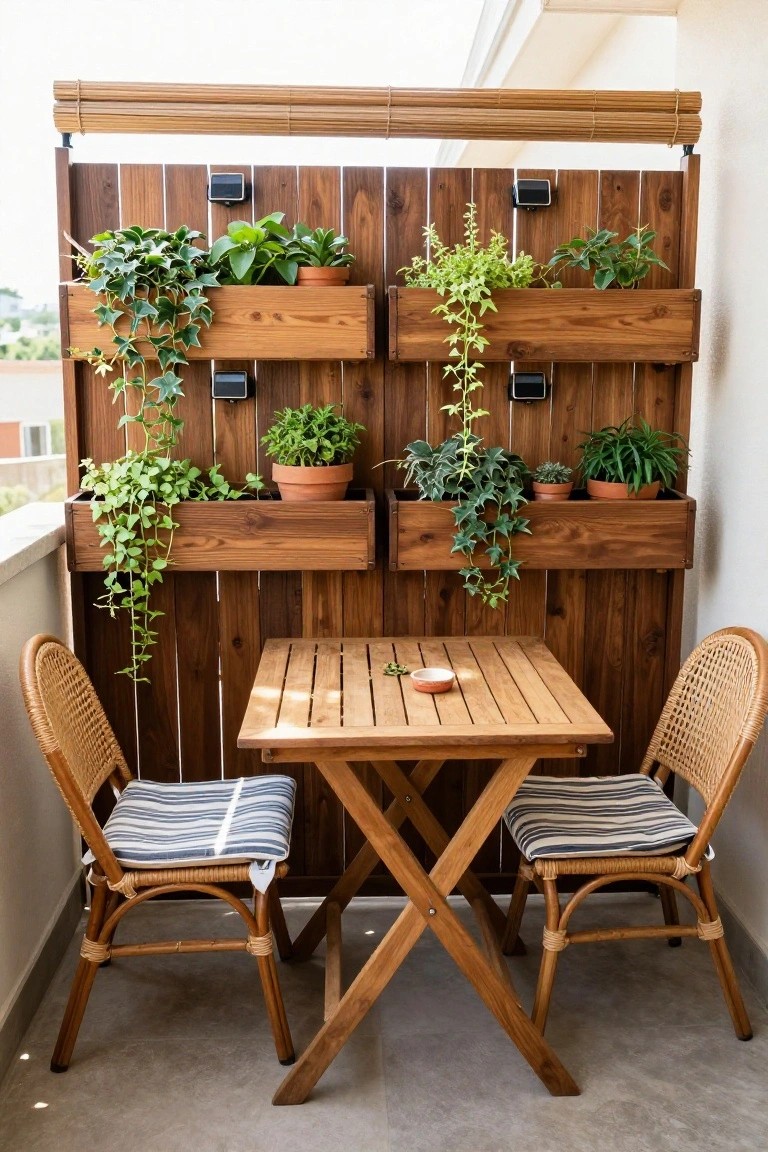 A wooden fence on a balcony with four built-in rectangular planters holding green plants, a small wooden table, and two wicker chairs with striped cushions.
