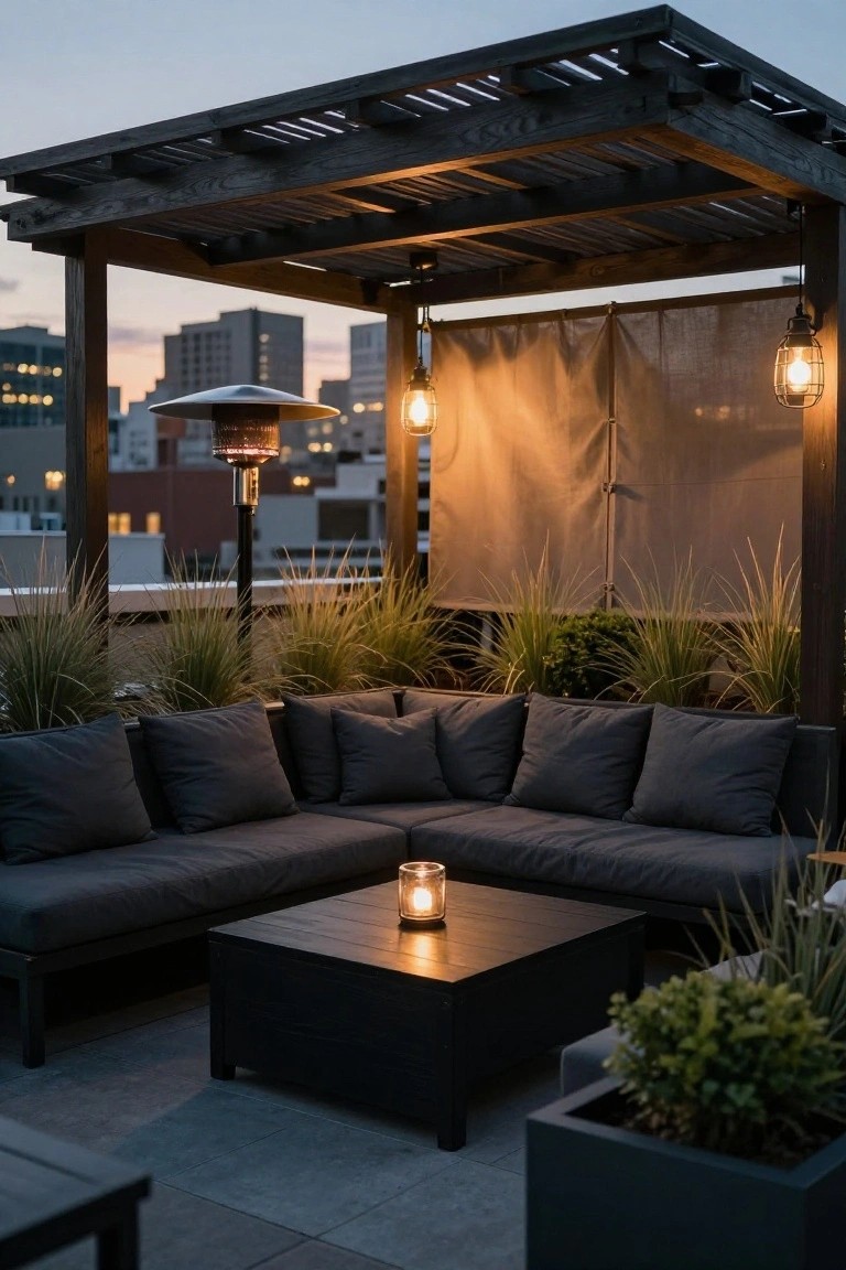 A dark wooden pergola covers an L-shaped outdoor sectional with gray cushions, a square coffee table holding a lit candle, two hanging lanterns, a patio heater, and tall grasses on a city rooftop at dusk.
