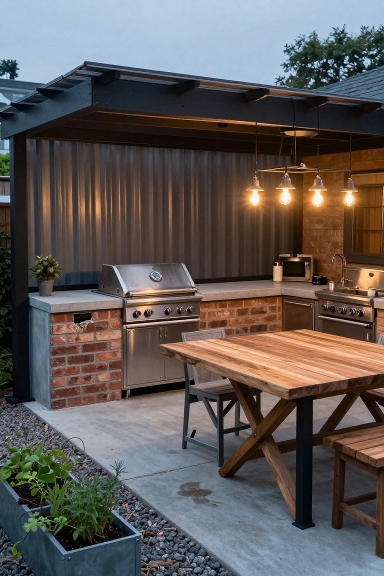 An outdoor covered patio with a dark pergola, brick and concrete outdoor kitchen including a stainless grill, wooden dining table, and multiple hanging pendant lights turned on at dusk.