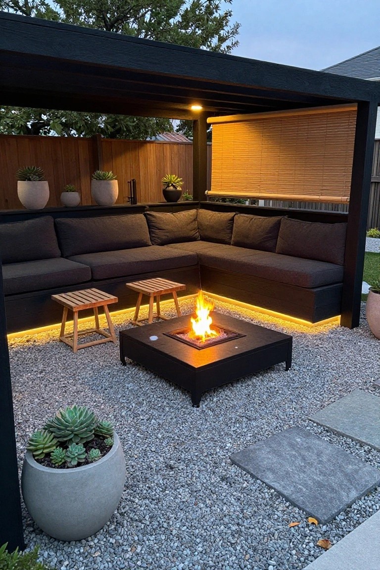 A wooden pergola covers a corner seating area with dark cushions around a square fire pit on gravel, with warm LED strips glowing under the structure and potted plants placed nearby.