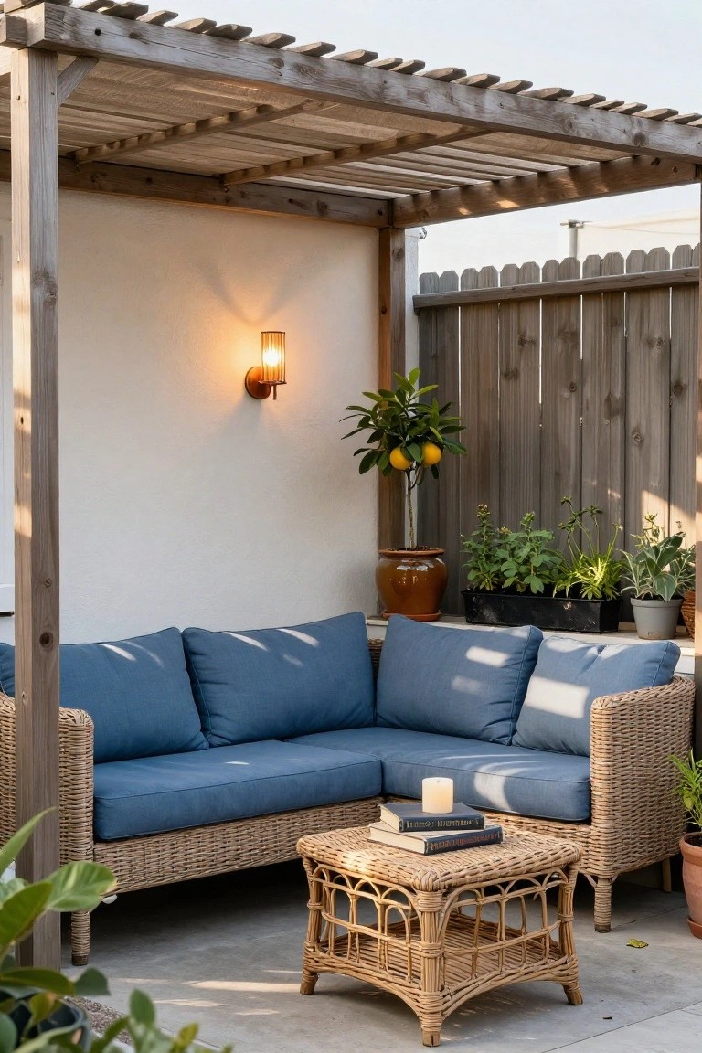 Outdoor patio with blue wicker sofa, rattan table, pergola, potted plants, and wall sconce