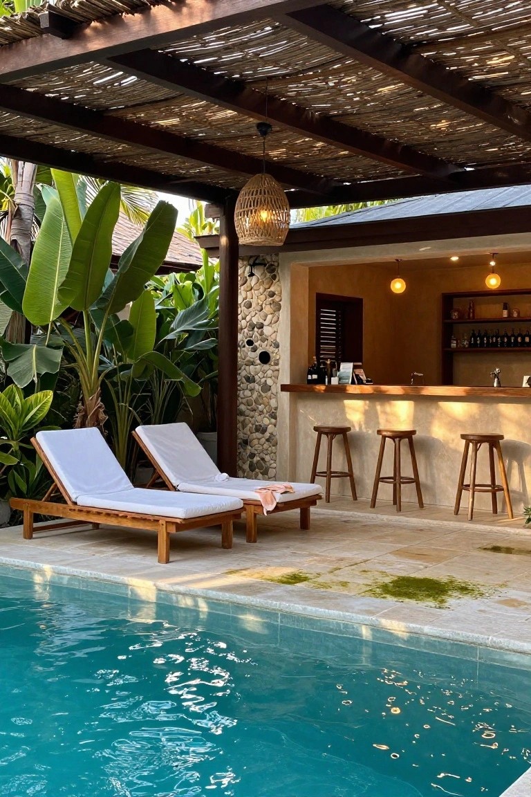 A poolside area with two lounge chairs under a wooden pergola that has a thatched roof, a hanging woven pendant light, and a bar with stools nearby.