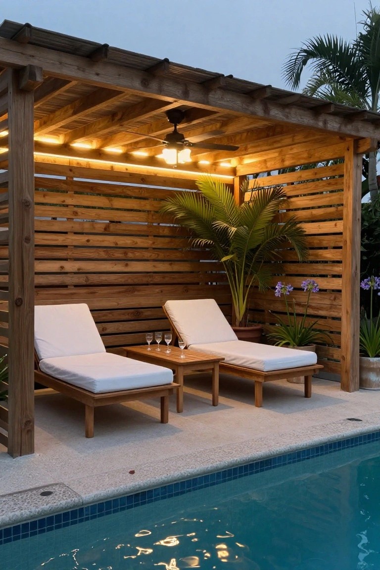 Two lounge chairs under a wooden pergola with overhead lights and a ceiling fan sit beside a swimming pool with potted plants nearby.