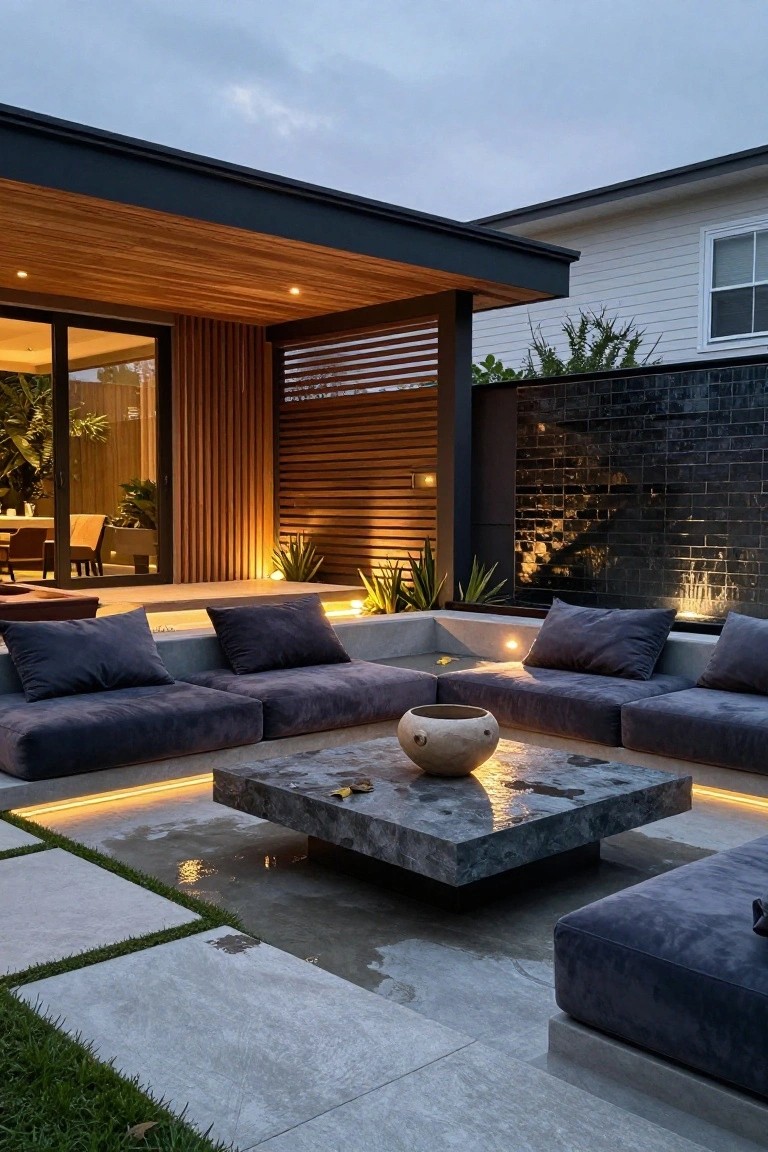 Modern patio with dark sectional sofa, stone table, wooden pergola, and ambient lighting