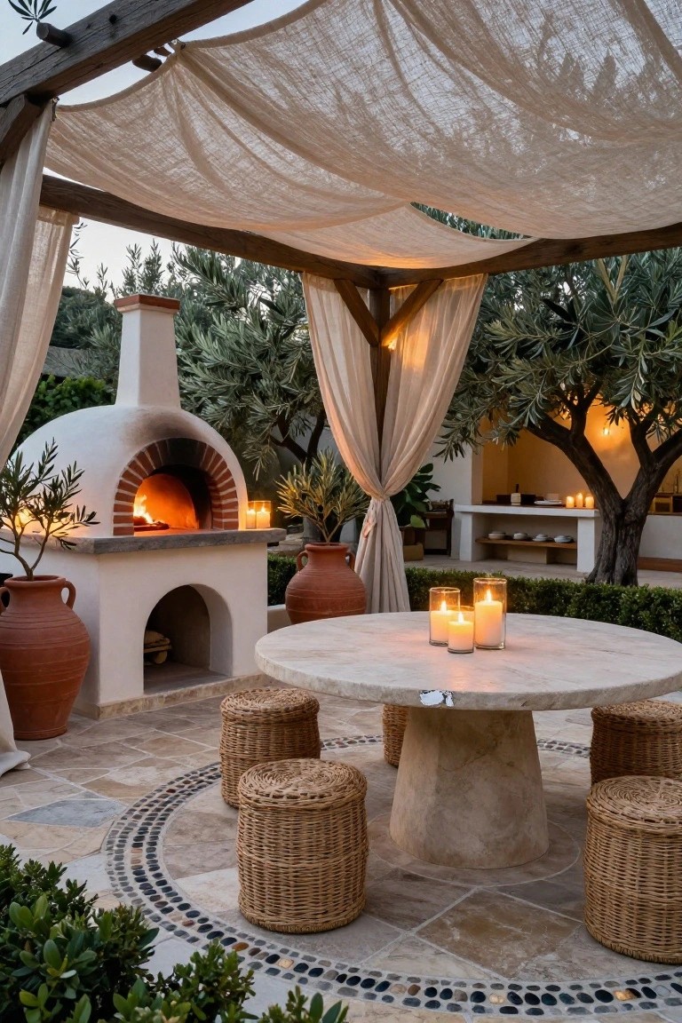 A round stone table with three lit candles sits under a wooden pergola draped with white fabric, next to a clay oven and woven stools on a stone patio.
