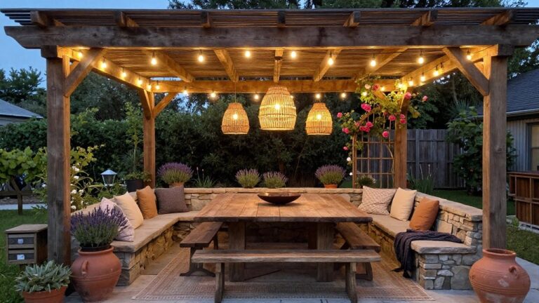 19 Dreamy Wooden Pergola Ideas With Lighting for Cozy Evening Ambiance A wooden pergola with string lights along the beams, a woven pendant lamp over a long dining table, and benches on a stone patio surrounded by plants.