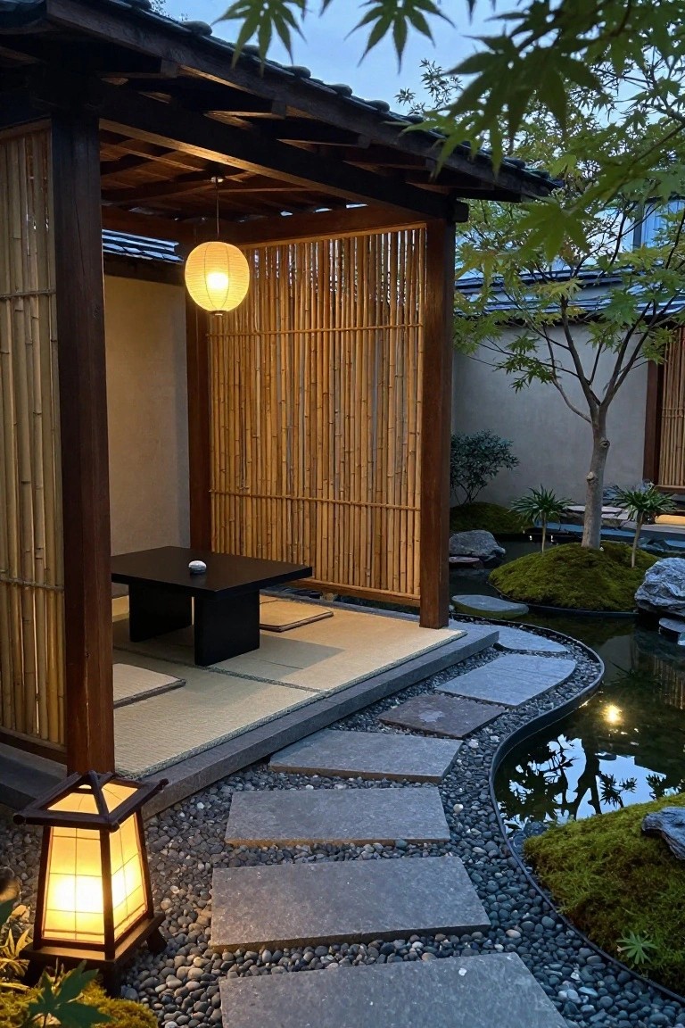 A wooden pergola with a hanging lantern over tatami mats beside a stone path next to a garden pond.