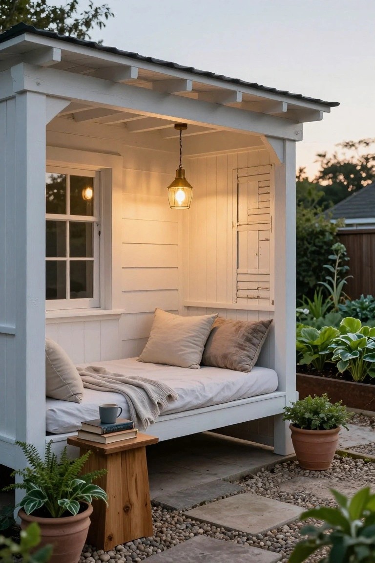 Cozy white wooden garden nook with daybed, pillows, hanging lantern, and potted plants at dusk