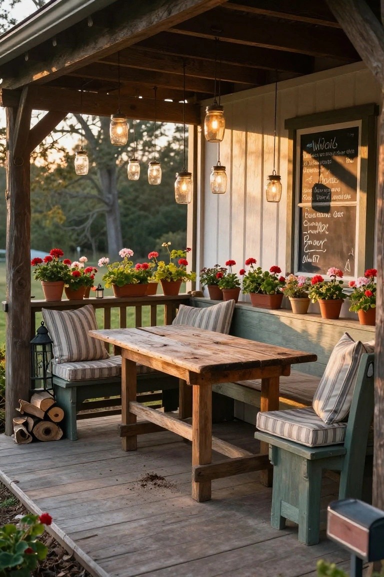 A wooden porch with a rustic table and benches under a pergola, lit by multiple glowing mason jar lights hanging from the ceiling beams, with potted flowers along the railing and a chalkboard on the wall.