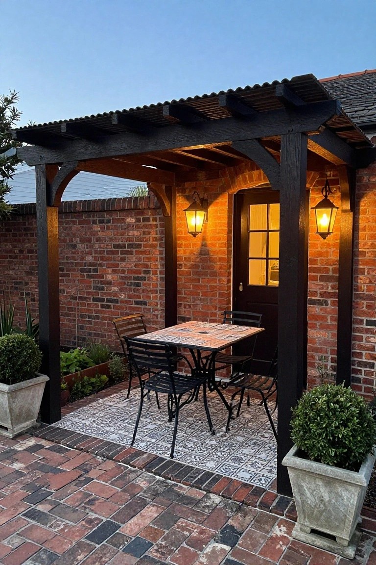 A dark wooden pergola covers a brick patio with a dining table and chairs, illuminated by two wall lanterns mounted on a brick wall beside a door.