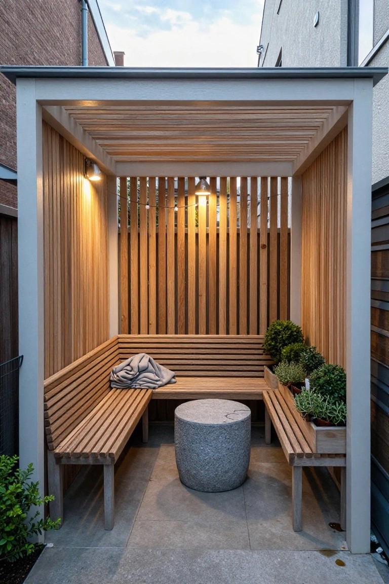 A wooden pergola with horizontal roof slats, vertical side slats, an L-shaped bench, a round stone table, potted plants, and several warm lights including a pendant and string lights.