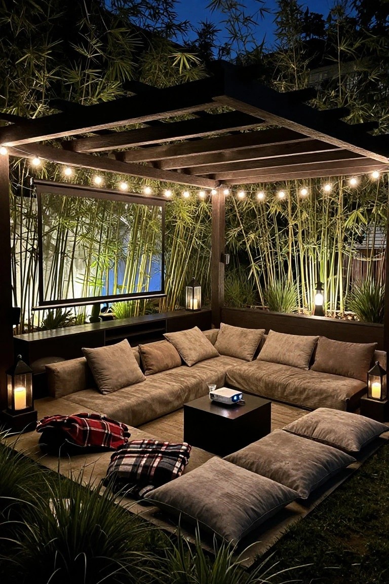 A wooden pergola at night with string lights along the beams, a large projection screen on one side, brown sectional seating, a black coffee table with a projector, and several lanterns on the ground.