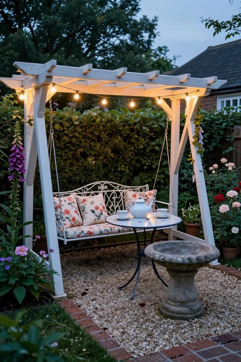 A white wooden pergola with string lights holds a hanging swing bench with floral cushions beside a small round table and stone birdbath on gravel.