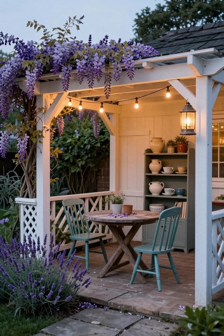 A white wooden pergola with string lights and a lit lantern, a round wooden table with two teal chairs, and purple wisteria hanging from the beams on a stone patio.